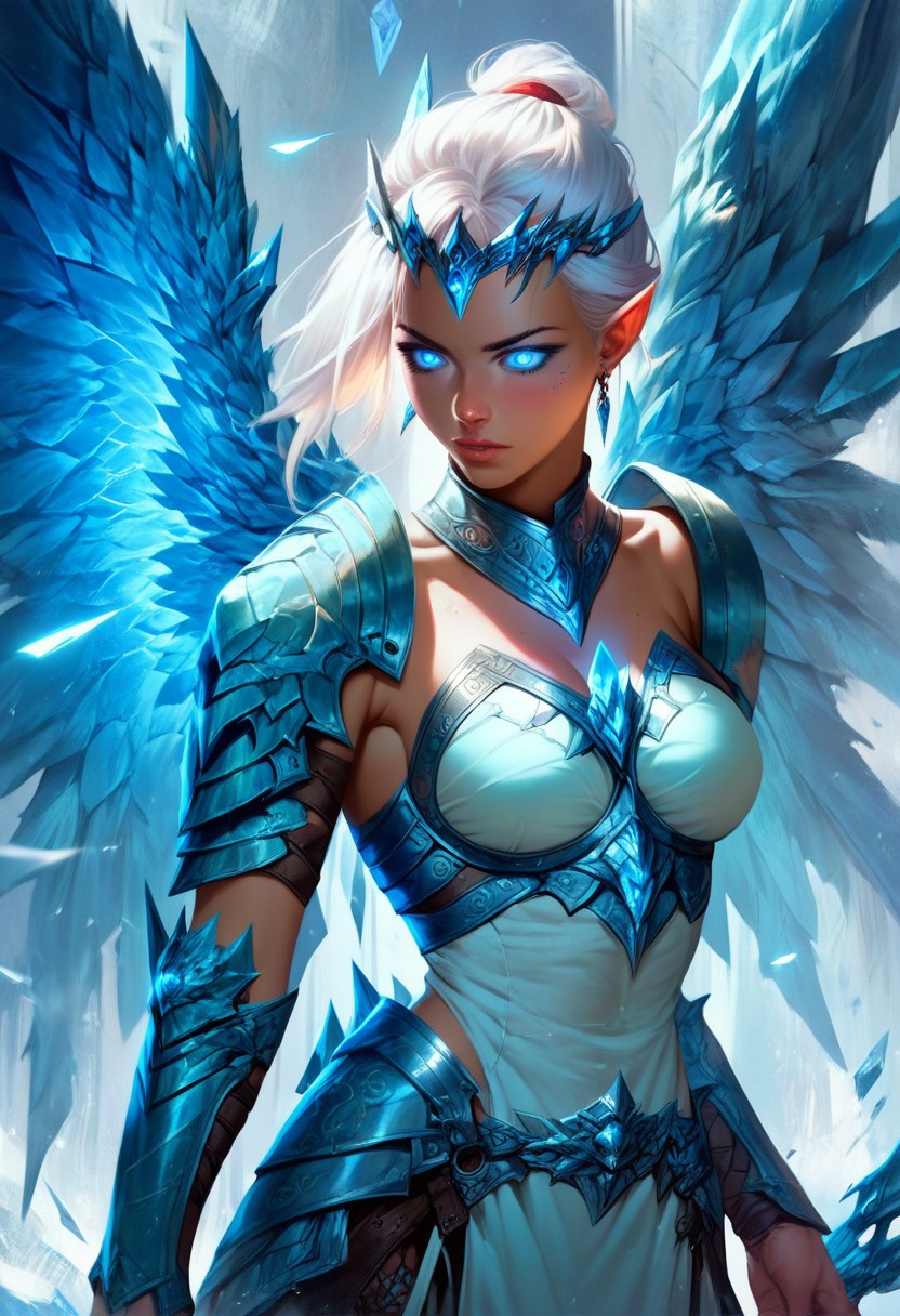 score_9, score_8_up, score_7_up, detailed face, detailed eyes, 1girl, solo, wings, 1c3wings, ice, armor, white hair, fantasy background, glowing eyes, cowboy shot,