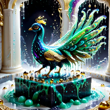 embedding:lazympos a slime-morphed peacock displaying tail feathers made of swirling galaxies, each "eye" a pulsating slime orb, perched on a melting marble pillar, cosmic slime droplets, sl1m3d, slime-morph, celestial theme <lora:Slime_Morph_V4:1.0000000000000002> <lora:TrendCraft_The_Peoples_Style_Detailer-v2.1A-3_12_2025-SDXL:0.20000000000000004>