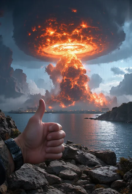 A surreal and ironic photograph depicting a massive nuclear explosion in the background, its fiery mushroom cloud rising high into the sky, contrasted by a close-up of a hand in the foreground giving a thumbs-up gesture. The scene is a juxtaposition of devastation and casual approval, blending humor and dark imagery against a serene coastal setting with blue skies