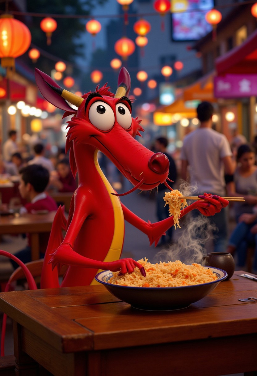 A realistic depiction of Mushu from Mulan, sitting at a wooden table in a lively and colorful Chinese street market, eating a bowl of shrimp fried rice with a pair of chopsticks held expertly in his clawed hands. His red and gold scales glisten in the soft glow of nearby lanterns, and his expression is comically focused as he lifts a perfectly balanced bite of rice and shrimp to his mouth. Steam rises from the bowl, adding a warm, inviting feel to the scene. The background is bustling with market stalls and vibrant decorations, with other patrons and vendors enjoying the lively atmosphere. Mushu's playful energy shines through in the fun and lighthearted setting