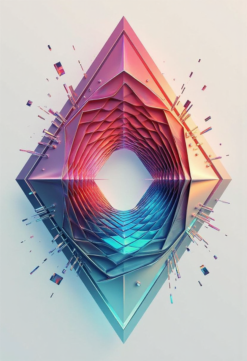 yfg-ge0m, , close-up, extreme close-up, zommed in, close up, macro, clean line art, Minimalism, simplicity, reduction, geometric shapes, muted palettes, abstract, symetry, symmetrical, Prismatic art style, Fragmented, kaleidoscopic, geometric, prism-like, refracting, rainbow, color palette, shattered, anime