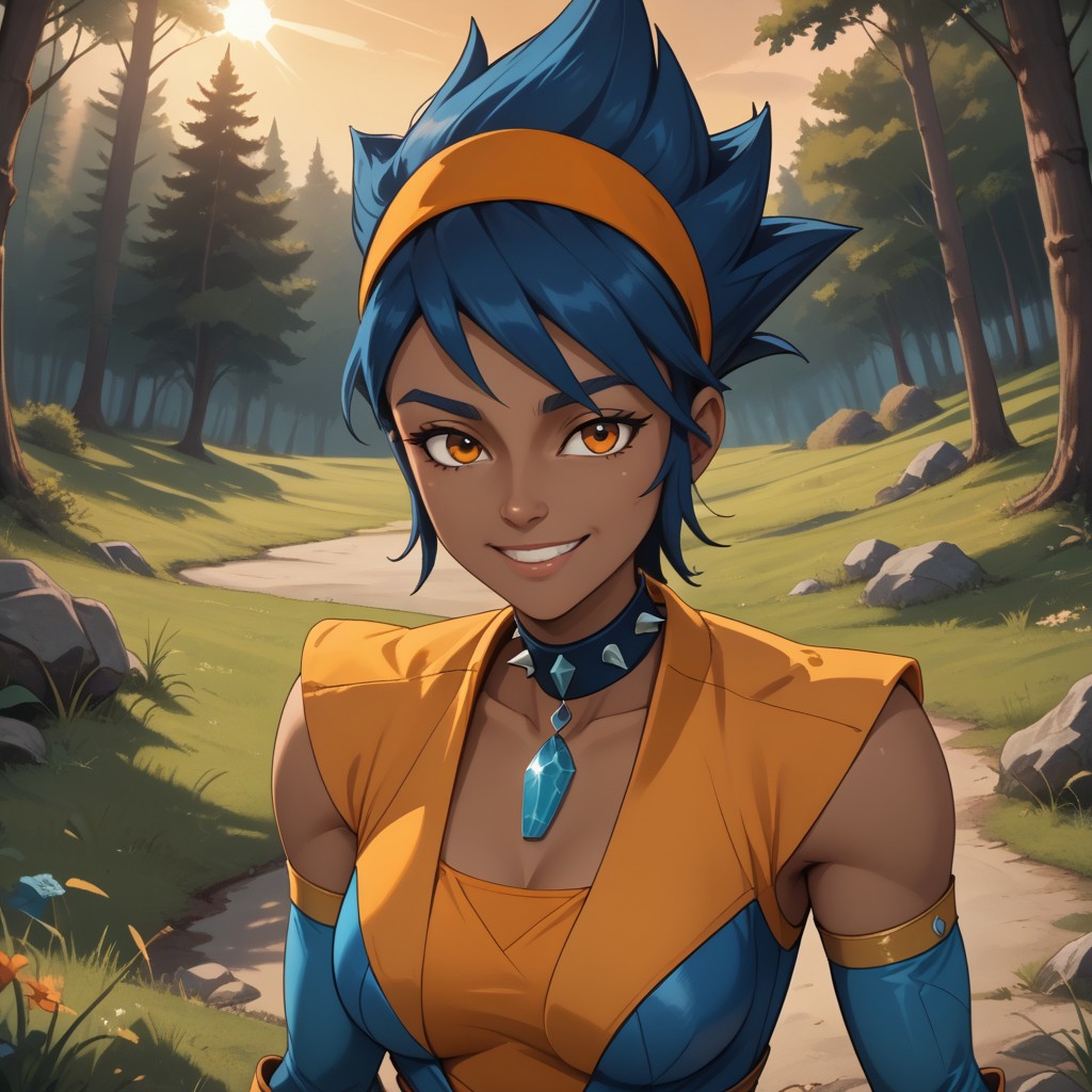 score_9, score_8, BREAK, solo, Piper, dark skin, dark skin female, orange eyes, blue hair, spiked hair, sidelocks, orange hairband, sleeveless, blue crystal pendant choker, blue bridal gauntlets, blue leather shirt, blue pants, brown leather boots, blue partially fingerless gloves, cel shading, sexy pose, self portrait, smile, outdoors, sunlight, shadows, evening lighting, natural lighting, forest, trees, grass, orange sky, sunset