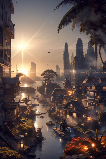 (Realistic:1.5) fog, sun, very wide shot, stream, field, multiple boys, garden, crowd, rock, lake, tongue out, robot, street, multiple others, tree stump, bag, plant, arch, lens flare, window, horns, tongue out, <lora:EdobSyFyHorrorFairyTale_v1.0:0.6> <lora:EdobSyFyCityLandscape_v1.0:0.6>