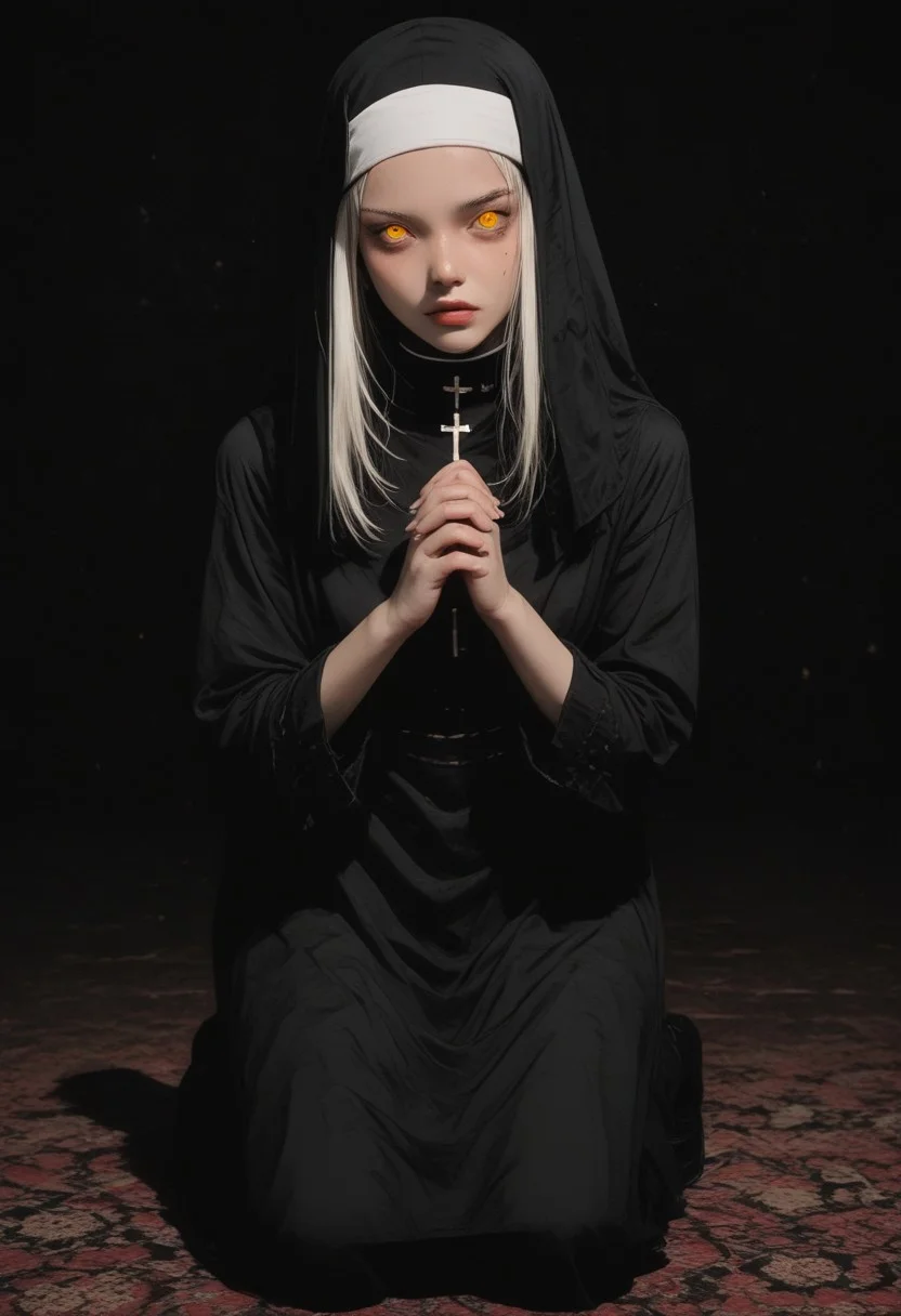 masterpiece, best quality, very aesthetic, absurdres, safe, masterpiece, best quality,high quality, newest, highres, absurdres,(4ur4_illu),shiny, <lora:Aura_illu:1.5>, ((1woman)),nun, full body view, praying pose, kneeling, looking down, head down, shadowed silhouette, dark silhouette, dark, dark background, stained window, dim lighting, short white hair, no pupils, ((flaming yellow eyes)), (face view, face focus), serious face, dark blue lights, red and blue spot color, obscurity, <lora:8fedbd2b-5858-4f2f-b150-f515ca563a9f:0.5>, <lora:b5658bed-b099-4bb6-b445-3c03b176205a:0.5>, <lora:30cb5c5e-b1f3-47ba-844b-609d7600d14e:0.7>, <lora:3c09207c-af0e-4528-95c6-694bb1e127d3:0.7>