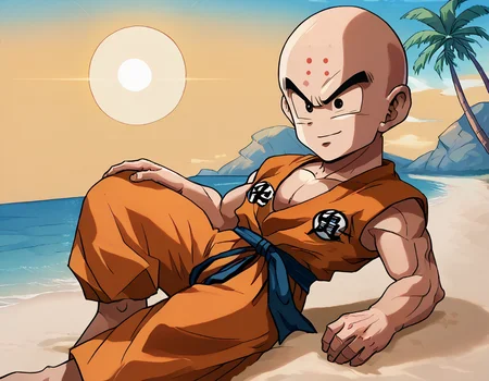 score_9, score_8_up, score_7_up, source_anime,
justsomenoobxl,krillinxl, solo, 1boy, smile, happy,
closed mouth, backlighting, serious, on side, , beach, sun,ocean, sand, palm tree,
<lora:krillinxl:1> ,<lora:Smooth Anime 2 Style SDXL_LoRA_Pony Diffusion V6 XL:1>