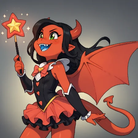 score_9, score_8_up, score_7_up, score_6_up, <lora:Zazie_Pony:0.8> zazie, snout, red skin, fang, horns, blue mouth, demon tail, long hair, black hair, magical girl, frills, wand, magic, wings, cowboy shot,