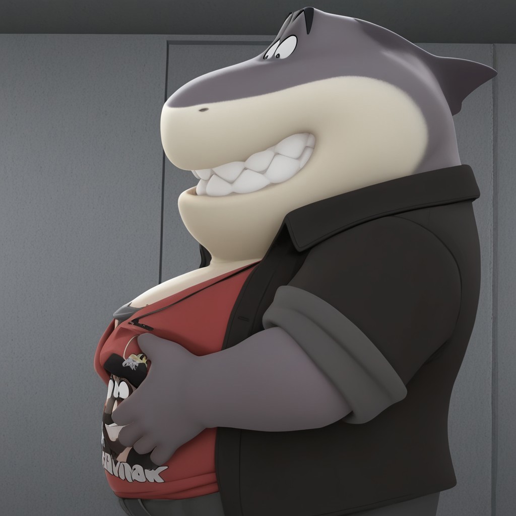 Masterpiece, High quality, amazing quality, Mr_shark, anthro, fat, wide open eyes, bust shot, clenched teeth, smile, 3d, from side, side view, standing,