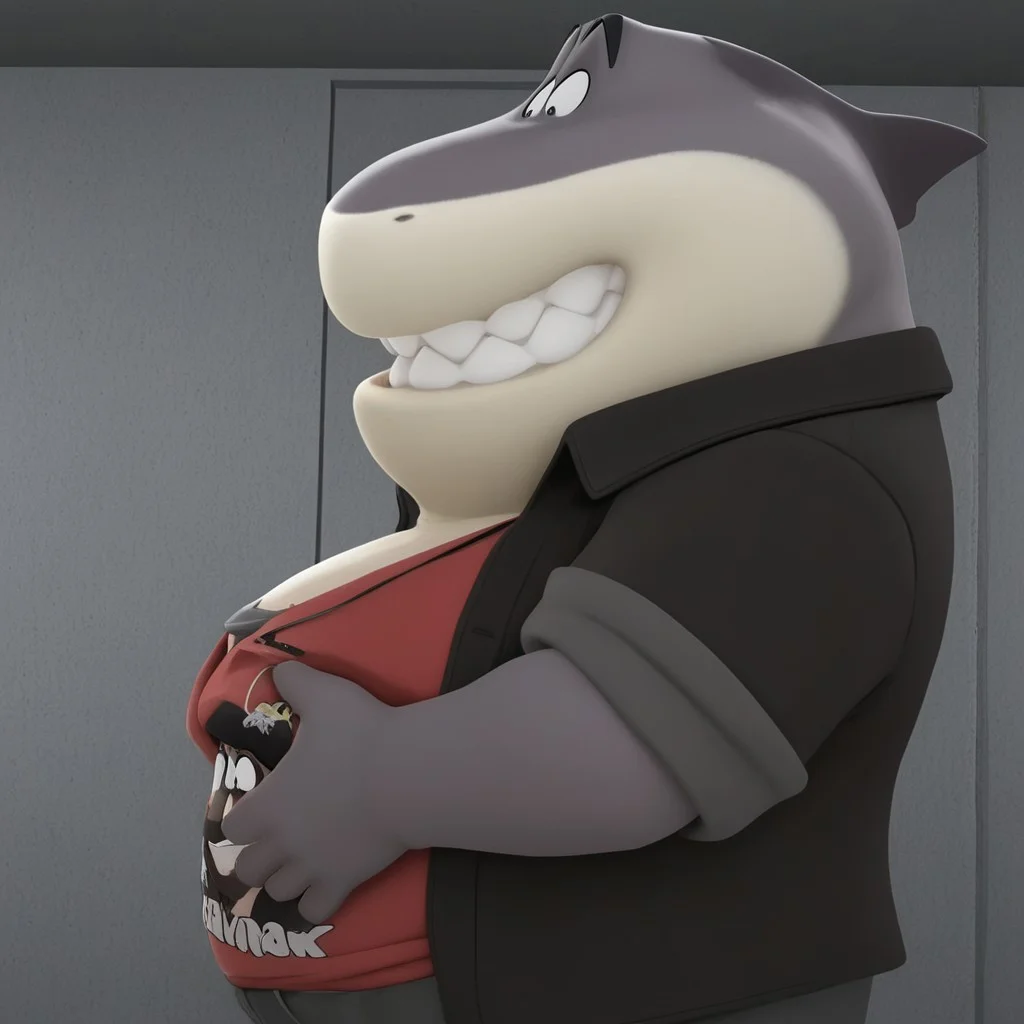 Masterpiece, High quality, amazing quality, Mr_shark, anthro, fat, wide open eyes, bust shot, clenched teeth, smile, 3d, from side, side view, standing,