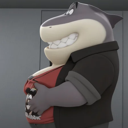 Masterpiece, High quality, amazing quality, Mr_shark, anthro, fat, wide open eyes, bust shot, clenched teeth, smile, 3d, from side, side view, standing,