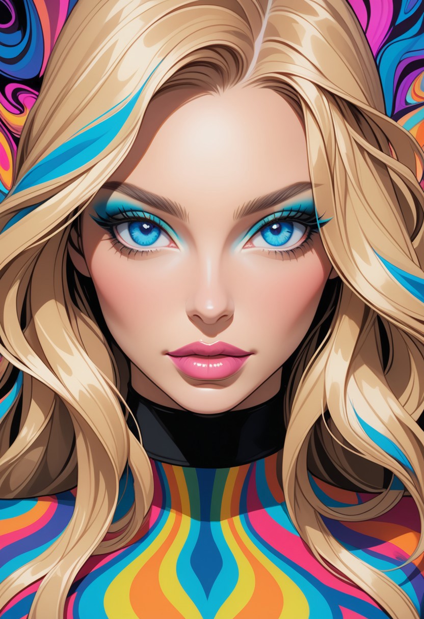((view from the waist up)) 1woman, solo,  long hair, blonde hair, black choker, blue eyes, one eye covered by hair, eyeliner, gorgeous lips, tights, medium breasts. ((psychedelic))