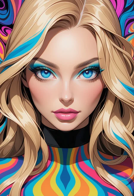 ((view from the waist up)) 1woman, solo, long hair, blonde hair, black choker, blue eyes, one eye covered by hair, eyeliner, gorgeous lips, tights, medium breasts. ((psychedelic))