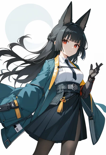 score_9_up,score_8_up,score_7_up,<lora:zero_ya_pony-000036:1>,
ZERO_Y,solo,red eyes,black hair,animal ears,
green cape,black necktie,sheath,black pantyhose,white shirt,robotic arm,id card,high-waist skirt,
standing,looking at viewer,closed mouth,white_background,simple_background,frown