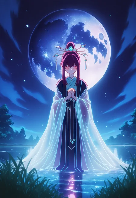 n30n01r, glowing, <lora:NeoNoir:0.6>,
NoGamenoLifeStyle, <lora:No_Game_no_Life IL:0.6>,
4ur4_illu,shiny, <lora:Aura_Phantasy_illu:0.6>,
<lora:spo_sdxl_10ep_4k-data_lora_webui:0.8>,
intricate details, cinematic lighting,ethereal atmosphere, serene riverside at night, full moon casting silver reflections on gently rippling water, a girl in flowing hanfu with delicate embroidery of peonies and lotuses, translucent silk sleeves fluttering in breeze, porcelain-like complexion with subtle blush, luminous eyes gazing pensively at distant horizon, graceful posture with hands clasped gently, surrounded by blossoming cherry trees shedding petals like snowflakes, misty mountains fading into distance, celestial glow illuminating crystalline dewdrops on grass, traditional jade hairpin adorned with pearls, soft focus blending realism and dreamlike quality, muted color palette dominated by moonlit blues and pearlescent whites, subtle ink wash texture overlaying scene, symbolic elements of eternity and transience.