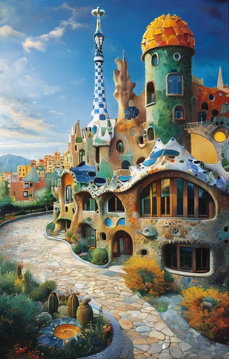 masterpiece,best quality,<lora:tbh305-sdxl:0.9>,illustration,designed by Antoni Gaudi Sustainable eco-village with green roofs and solar panels, nestled in a mountain valley