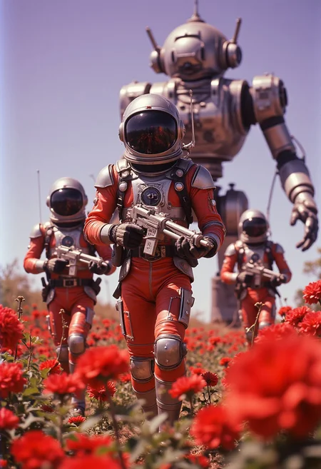 Vintage Sci-fi Movie scene of men wearing space suits and carrying scifi guns that look like plastic toys running through a field of red flowers with the sky having a purple hue, in the background is a large oversized robot.