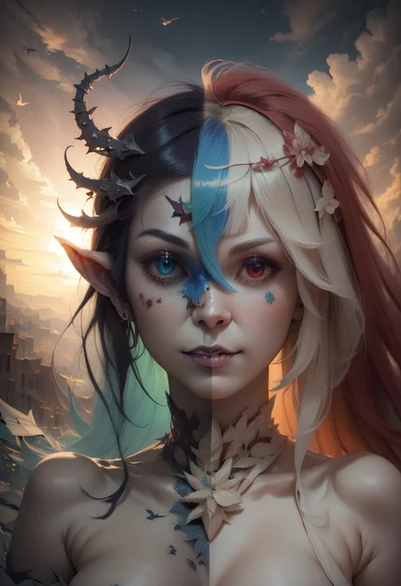 score_9_up, score_8_up, score_7_up, REALISTIC, DUALITY SEGMENTATION,
MIX OF (girl) AND (monster),
HETEROCHROMIA, SPLIT-COLOR HAIR,
mirrowed, Symmetrical