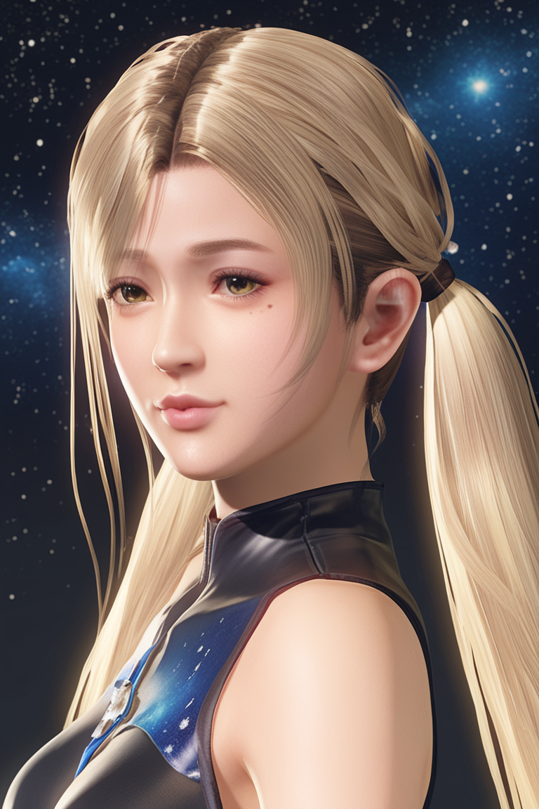 score_9,score_8,score_7_up,best quality,high detailed,
sayuri \(doa\), 1girl, solo,
((hair slicked back)),((forehead)),blonde hair, ((high twintails)), hair between eyes,messy_hair,black bodysuit,
portrait, multicolored hair, fringe, bare shoulders, upper body, cosmic,
 <lora:doa_sayuri_pdxl_v11:0.9>