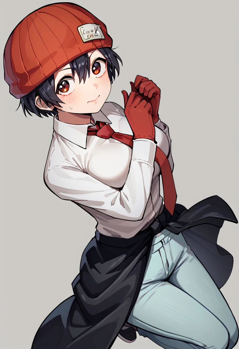 score_9, score_8_up, <lora:fukko:1> fukko, 1girl, black hair, breasts, brown eyes, dress, fukko, gloves, hat, necktie, pants, red eyes, red necktie, shirt, short hair, solo