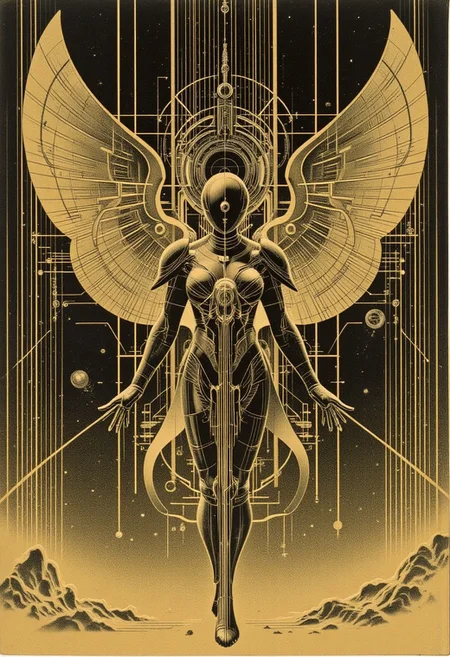 masterpiece, (best quality:1.4), [:intricate details:0.2], (1girl, angel, angel wings,)  (Beautiful female angel) protects (beautiful female pixie warrior) (wings shelter warrior), sky, shimmering aura, intense focus, crackling energy, mysterious symbols, sparkling motes,
Detailed hand, Hand, Perfect hand, bo-golden, ArsMJStyle, ArtDecoVintageFuture