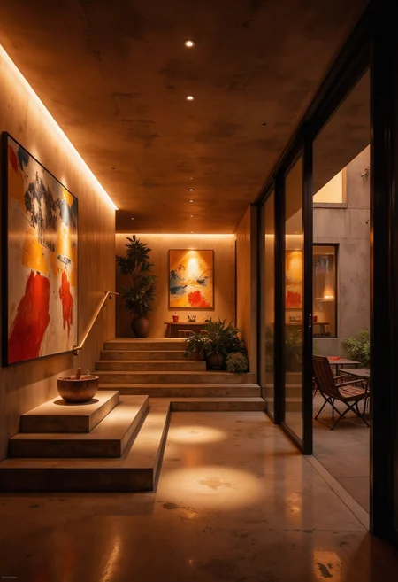 Modern interior with sleek stairs, warm lighting, and abstract art. Polished concrete floors and glass doors open to outdoor seating.