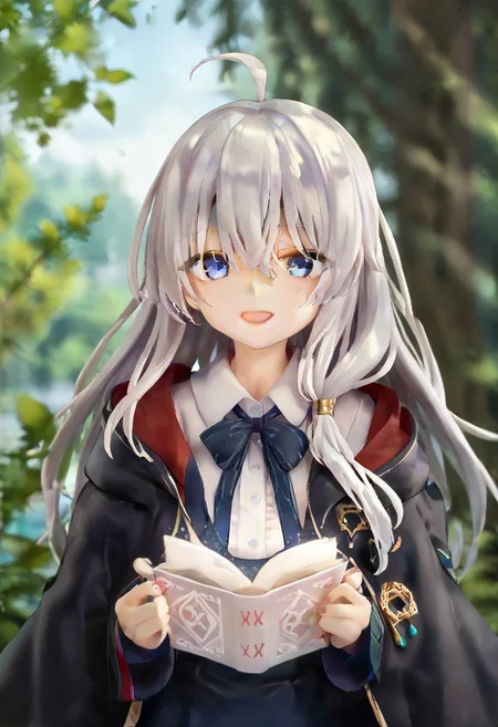 score_9, score_8_up, score_7_up, 1girl, solo, elaina ,<lora:ElainaFinal-19:0.7>, <lora:add_detail:0.7>, shirt, skirt, robe, bow, upper body, looking at viewer, day, light smile, outdoors, open mouth,