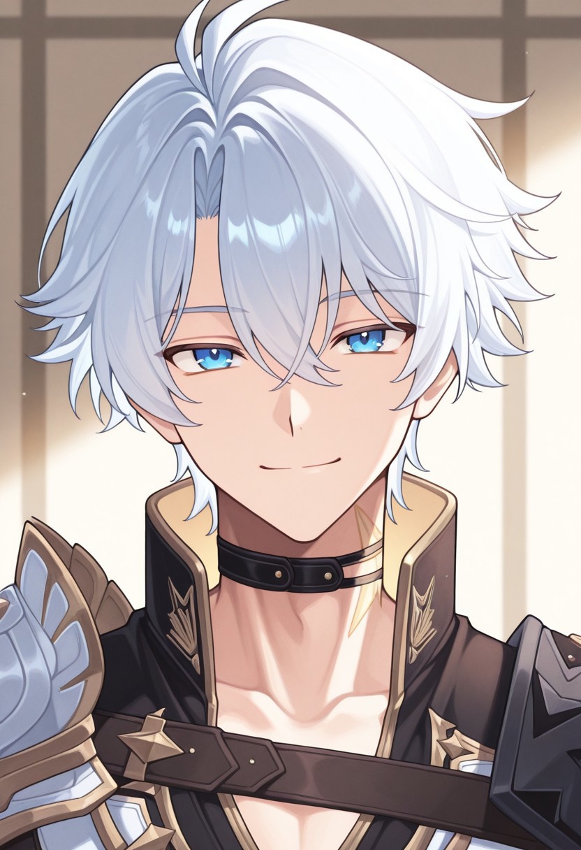 masterpiece,best quality,amazing quality, source_anime, 
Phainonhsr, 1boy, male focus, solo, blue eyes, white hair, black choker, neck tatto, shoulder armor, shirt, black shirt, coat, white coat, smile, looking at viewer, portrait,