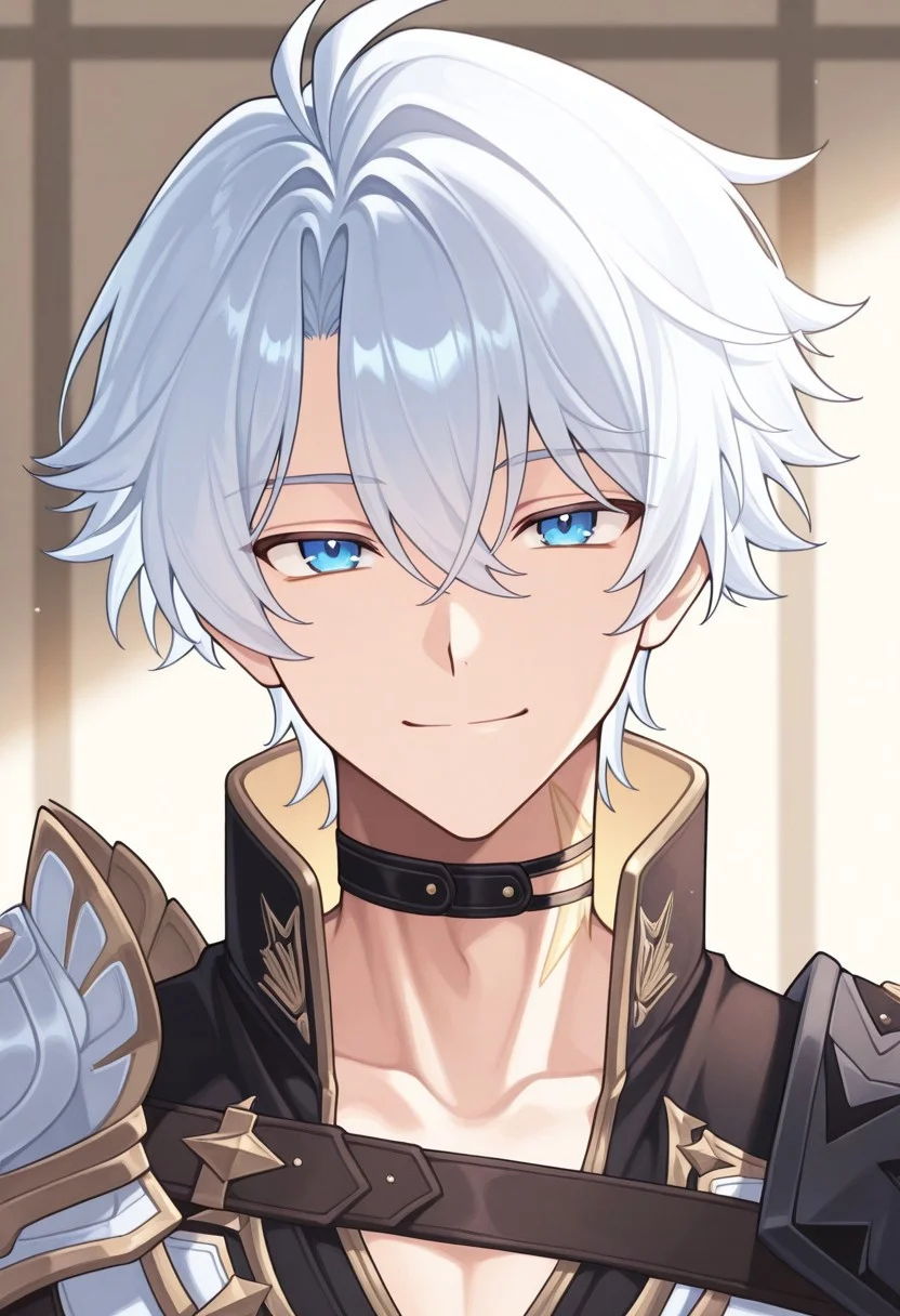 masterpiece,best quality,amazing quality, source_anime, 
Phainonhsr, 1boy, male focus, solo, blue eyes, white hair, black choker, neck tatto, shoulder armor, shirt, black shirt, coat, white coat, smile, looking at viewer, portrait,