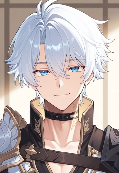masterpiece,best quality,amazing quality, source_anime,
Phainonhsr, 1boy, male focus, solo, blue eyes, white hair, black choker, neck tatto, shoulder armor, shirt, black shirt, coat, white coat, smile, looking at viewer, portrait,