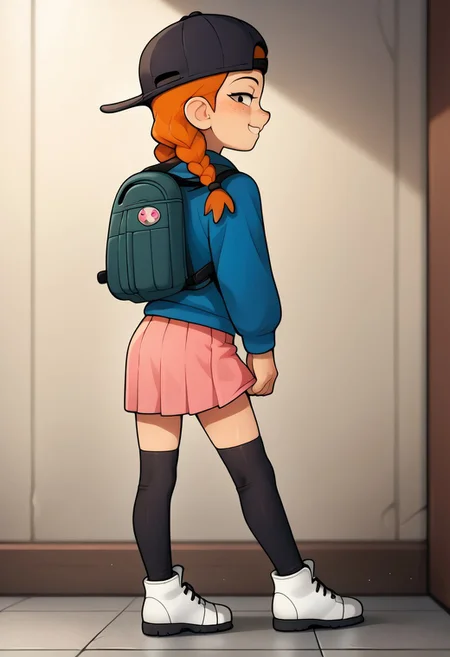 Loodncrood, AmphiMaggie, orange hair, braid, twin braids, freckles, 1girl, solo, smile, baseball cap, backwards hat, long sleeves, pink skirt, pleated skirt, blue hoodie, hood down, backpack, black thighhighs, white footwear,