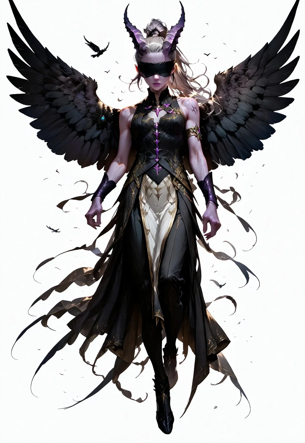 (absurdres, best quality, masterpiece:1.4), 
score_9, score_8_up, score_7_up, score_6_up, 
detailed, 
detailed body, 
detailed face, 
(((smooth skin, unbroken skin, detailed skin))), 
fantasy, 
alone, 

female, 
tiefling, 
h0rns, 
ram horns, 
black horns, 
tall, 
((((purple skin)))), 
((long grey hair, ponytail)), 
(((wingsd, black wings))),

floating, flying, wings open, 

(white robe, sleeveless, 
blindfold, black cloth blindfold), 

(((white background, plain background))), 
full body, 
front view, 