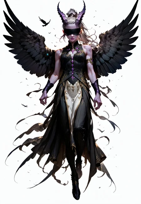 (absurdres, best quality, masterpiece:1.4),
score_9, score_8_up, score_7_up, score_6_up,
detailed,
detailed body,
detailed face,
(((smooth skin, unbroken skin, detailed skin))),
fantasy,
alone,
female,
tiefling,
h0rns,
ram horns,
black horns,
tall,
((((purple skin)))),
((long grey hair, ponytail)),
(((wingsd, black wings))),
floating, flying, wings open,
(white robe, sleeveless,
blindfold, black cloth blindfold),
(((white background, plain background))),
full body,
front view,
