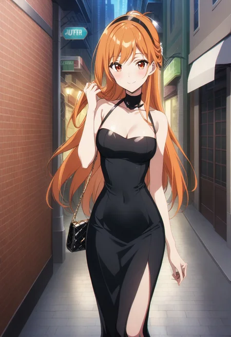 score_9, score_8_up, score_7_up, score_6_up, source_anime.
BREAK 1girl, solo
BREAK orange hair, orange eyes, long hair, swept bangs, half-updo, Dongtan dress, black dress, glamorous, glitter, hair flip, handbag, hairband, smile, blush, outdoors, city, sidewalk, street