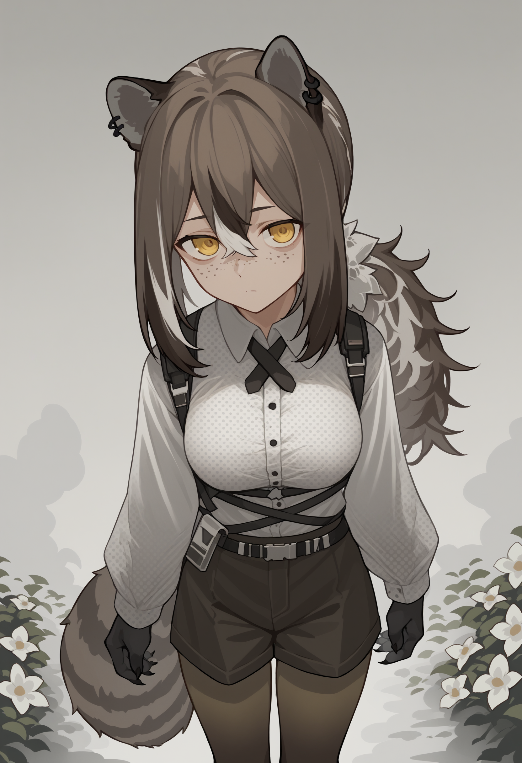 score_9, score_8_up, score_7_up, source_anime, rdef, raccoon girl, raccoon ears, animal ears, yellow eyes, freckles, brown hair, white hair, multicolored hair, hair between eyes, long hair, ponytail, animal hands, raccoon tail, tail, piercing, ear piercing, cross tie, white shirt, polka dot shirt, long sleeves, shorts, black shorts, brown pantyhose, breasts, fog, smoke, white flower, looking at viewer, from above<lora:RobinPDXLv6-20:1>