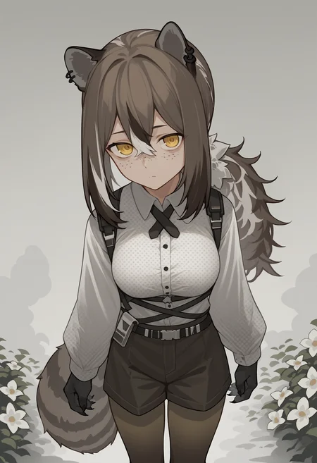 score_9, score_8_up, score_7_up, source_anime, rdef, raccoon girl, raccoon ears, animal ears, yellow eyes, freckles, brown hair, white hair, multicolored hair, hair between eyes, long hair, ponytail, animal hands, raccoon tail, tail, piercing, ear piercing, cross tie, white shirt, polka dot shirt, long sleeves, shorts, black shorts, brown pantyhose, breasts, fog, smoke, white flower, looking at viewer, from above<lora:RobinPDXLv6-20:1>