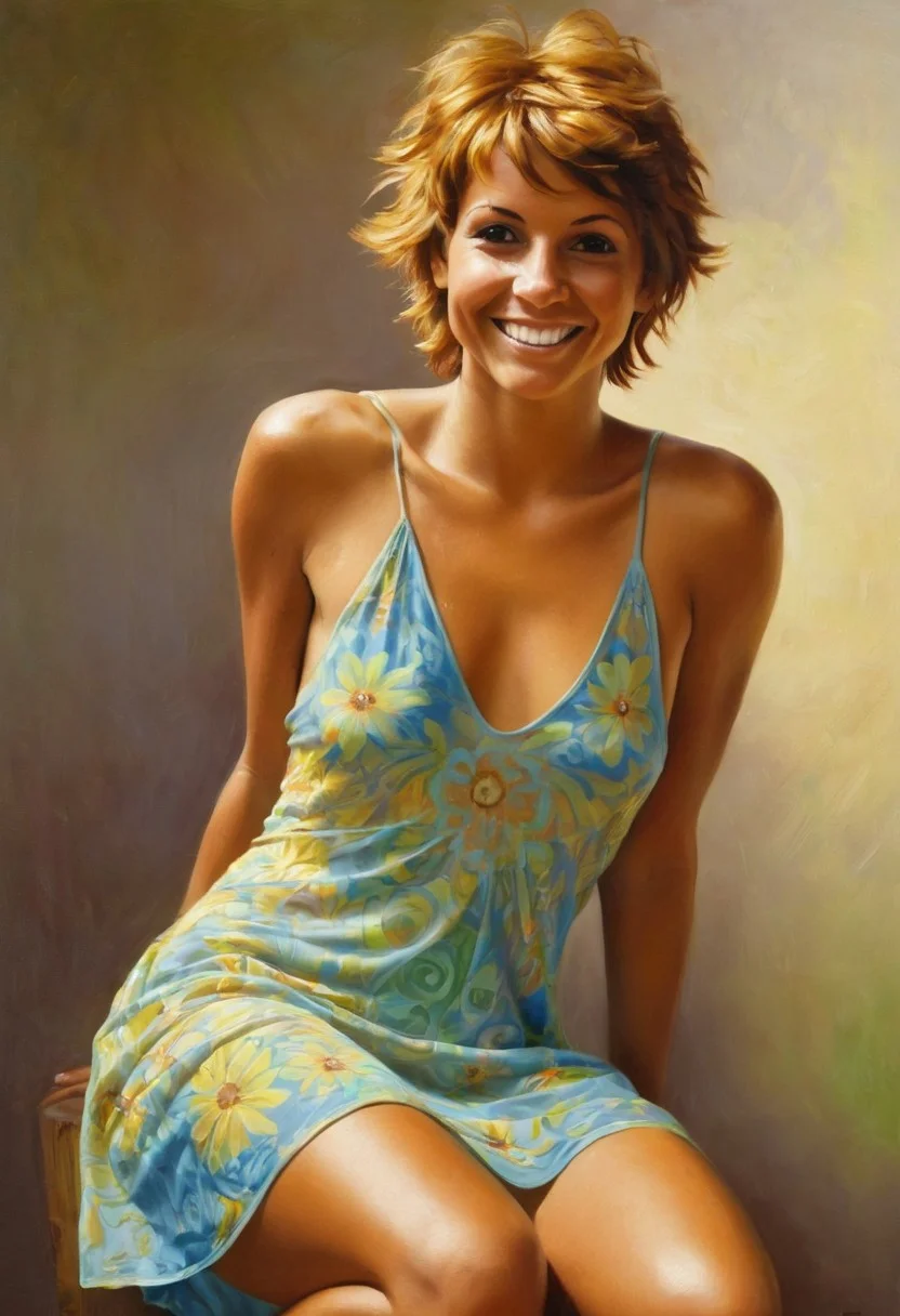 ((oil painting)), 1girl, short cute stocky-gymnastic short-haired Brazilian hippy-girl, tanned skin, ((loose and skimpy hippy summer-dress with extremely low-plunging front)), ((translucent dress)), (dropped armholes), ((one exposed breast)), (side-boob), (tubular breasts), covered nipples, ((cheeky embarrassed smile)), tattoo on shoulder, ((dimples)), (((dark-blonde-textured short dark-ginger pixie-cut hair))), hips, pubic hair, sunny late-evening, ((at formal event)), Intricate textures, (high detailed skin:1.5),