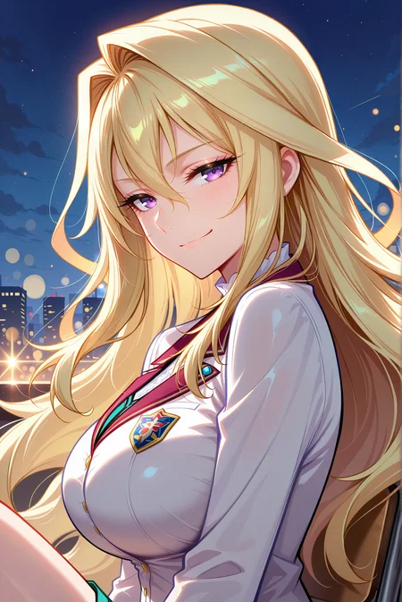 masterpiece, best quality, anime, 2d, 1girl, (slender), (large breasts), solo, <lora:ClaudiaEnfield-ILXL-V1:1> cl4udi4,
BREAK (blonde hair, very long hair), outdoors
BREAK (school uniform, white shirt),
BREAK (looking at viewer, upper body, sitting, from side:1.4), (purple eyes, smirk), <lora:RealisticAnimeIXL:0.5> , bokeh, luminescent background,