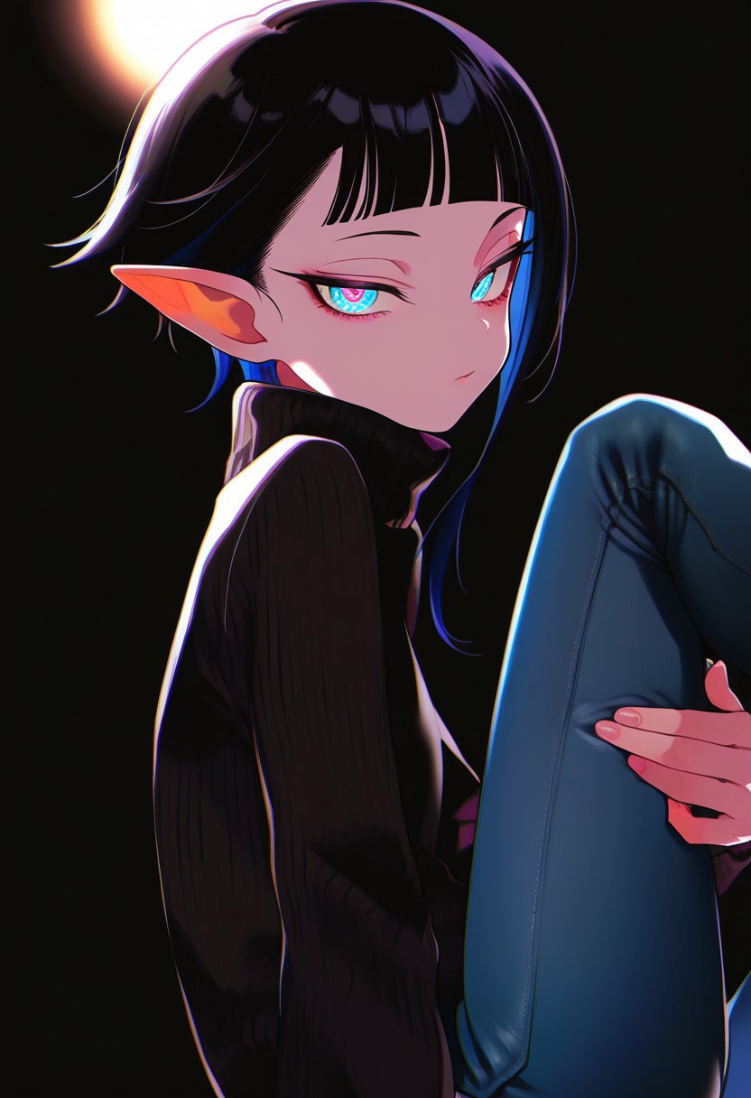 masterpiece, best quality, very aesthetic, high resolution, ultra-detailed, absurdres, newest, extremely detailed eyes, beautiful, perfect lighting, hi res, amazing quality, very awa, jui_sio, JUI_SIO, 
1girl, solo, petite, blunt bangs, (very short hair), blue eyes, half-closed eyes, pointy ears, tsurime, asymmetrical sidelocks, black hair, hair behind ear, tight jeans, turtleneck sweater, long sleeves, black sweater, looking at viewer, extreme close-up shot, black background, dark theme, best quality, masterpiece, very awa, absurdres
