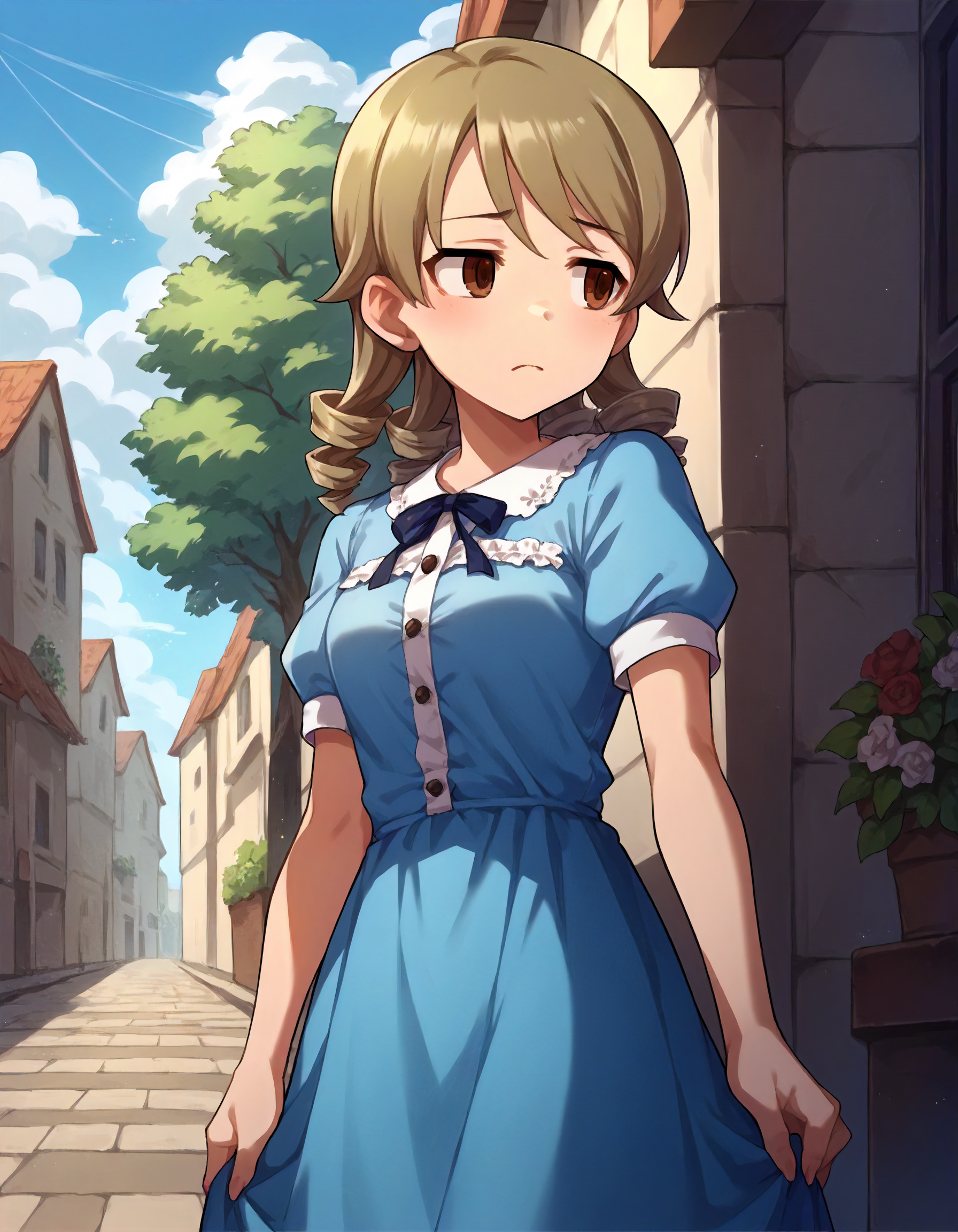 score_9,score_8_up,score_7_up,1girl,solo,cowboy shot,looking away,outdoors,
<lora:morikubonono_ponyXLV6:0.8>,cgmn,
light brown hair,medium hair,drill hair,brown eyes,
blue dress,puffy short sleeves