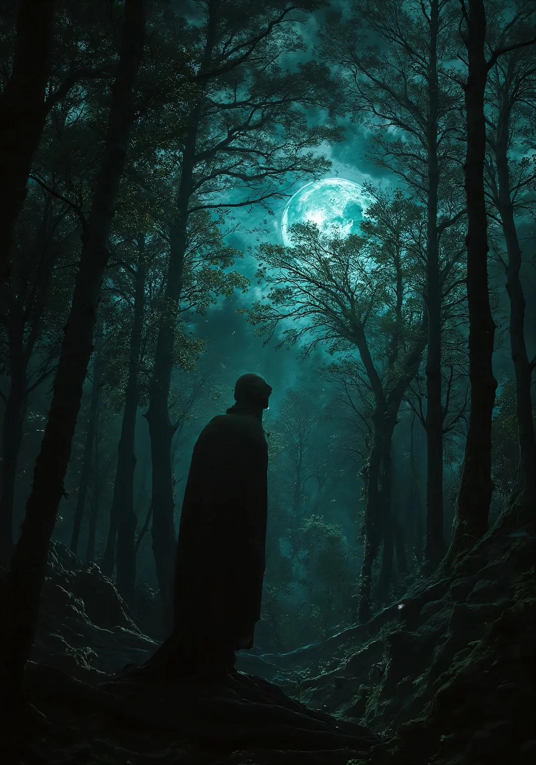 Man in a forest in the dark, man in the center of the scene, the full moon illuminates the man, the man screams in pain, the man's eyes are red, fangs begin to come out of his mouth, the man is turning into a werewolf,
