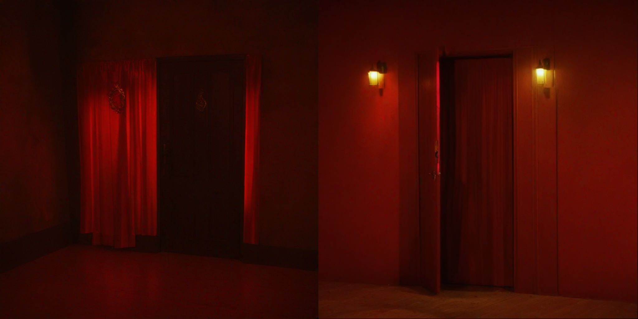 Growth, tree, Door, red tint, red curtain, exposition, pressentation, fixture, lamp, entrance, entrance, door room, yellow light, lamp, floor