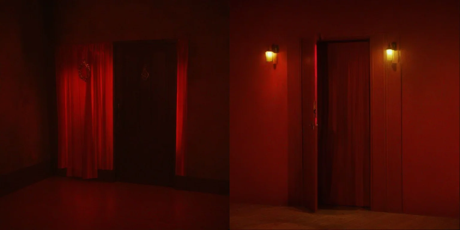 Growth, tree, Door, red tint, red curtain, exposition, pressentation, fixture, lamp, entrance, entrance, door room, yellow light, lamp, floor