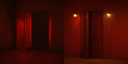 Growth, tree, Door, red tint, red curtain, exposition, pressentation, fixture, lamp, entrance, entrance, door room, yellow light, lamp, floor