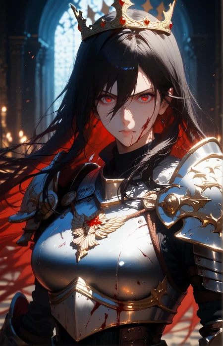 <lora:GEN 0.1v:0.6>,<lora:Expressive_H-000001>,<lora:modern_anime_screencap_v1_0:0.8>,source_anime,score_9,score_8_up,score_7_up,score_6_up,dark theme,dark background,low light,looking at viewer,depth of field,castle,
1girl,solo,<lora:age_slider_v4:1.4>,adult,tall female,black hair,long hair,long bangs,straight hair,hair between eyes,red eyes,pale skin,curvy,(angry:0.8),fighting stance,visor \(armor\),black full plate armor,breastplate,intricate armor design,sharp armor,blood on face,blood on armor,crown,
