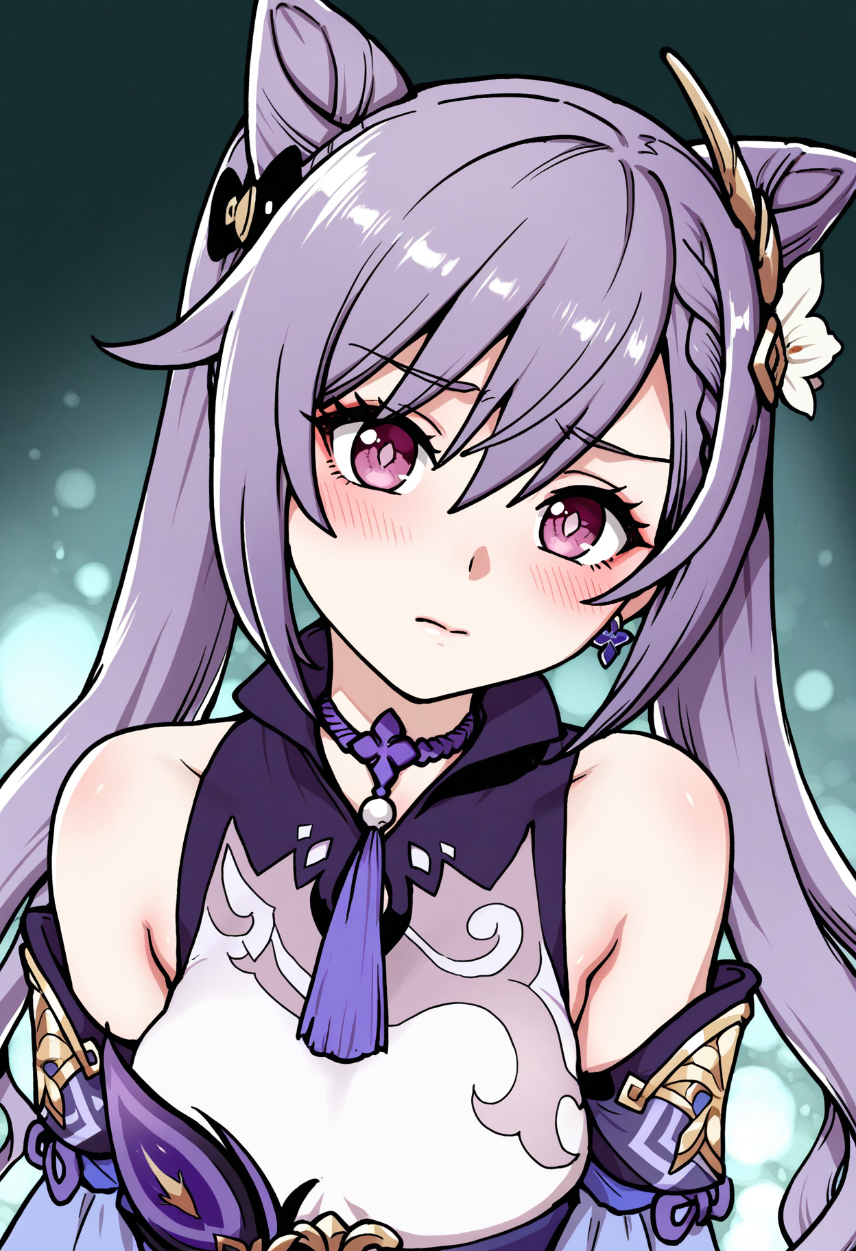 masterpiece,best quality,amazing quality,
1girl, keqing (genshin impact), solo, hair bun, hair ornament, purple hair, twintails, looking at viewer, cone hair bun, bare shoulders, long hair, detached sleeves, upper body, purple eyes, braid, flower, blush, bangs, double bun, breasts, white flower, dress, closed mouth, hair flower,
 <lora:Shiwasu_no_Okina:1>