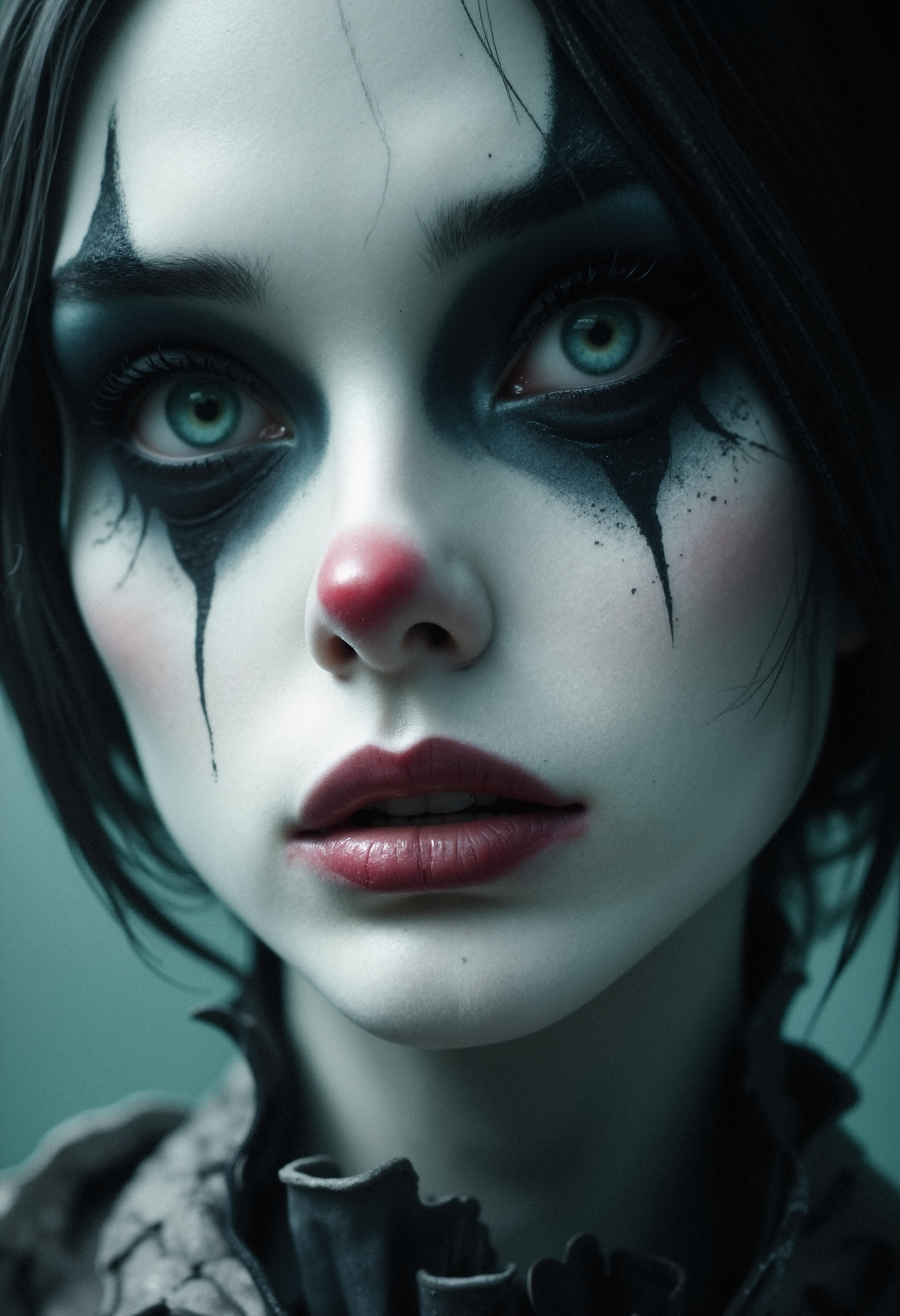 Close-up of a female clown with pale white skin, dark black triangular makeup around her teal-blue eyes, and a small red clown nose. Her lips are painted a muted red, curving slightly upward at the corners, with soft shadows highlighting the contours of her face. Dark, wet strands of hair partially cover her face, adding an eerie, emotional expression. Her expression is intense and melancholic, with a single black teardrop painted under her left eye. She is wearing a high-collared, black-and-white geometric patterned outfit. The lighting is soft, enhancing the smooth texture of her skin and the sharpness of her makeup. The style is hyper-realistic with a surreal and haunting atmosphere. The background is a soft, blurred gradient, with no distinct details, keeping the focus entirely on the subject's face.  <lora:FluxDFaeTasticDetails:0.8> <lora:aidmaImageUpgrader-FLUX-V0.1:0.33> detailmaximizer, <lora:flux_vividizer:0.33>