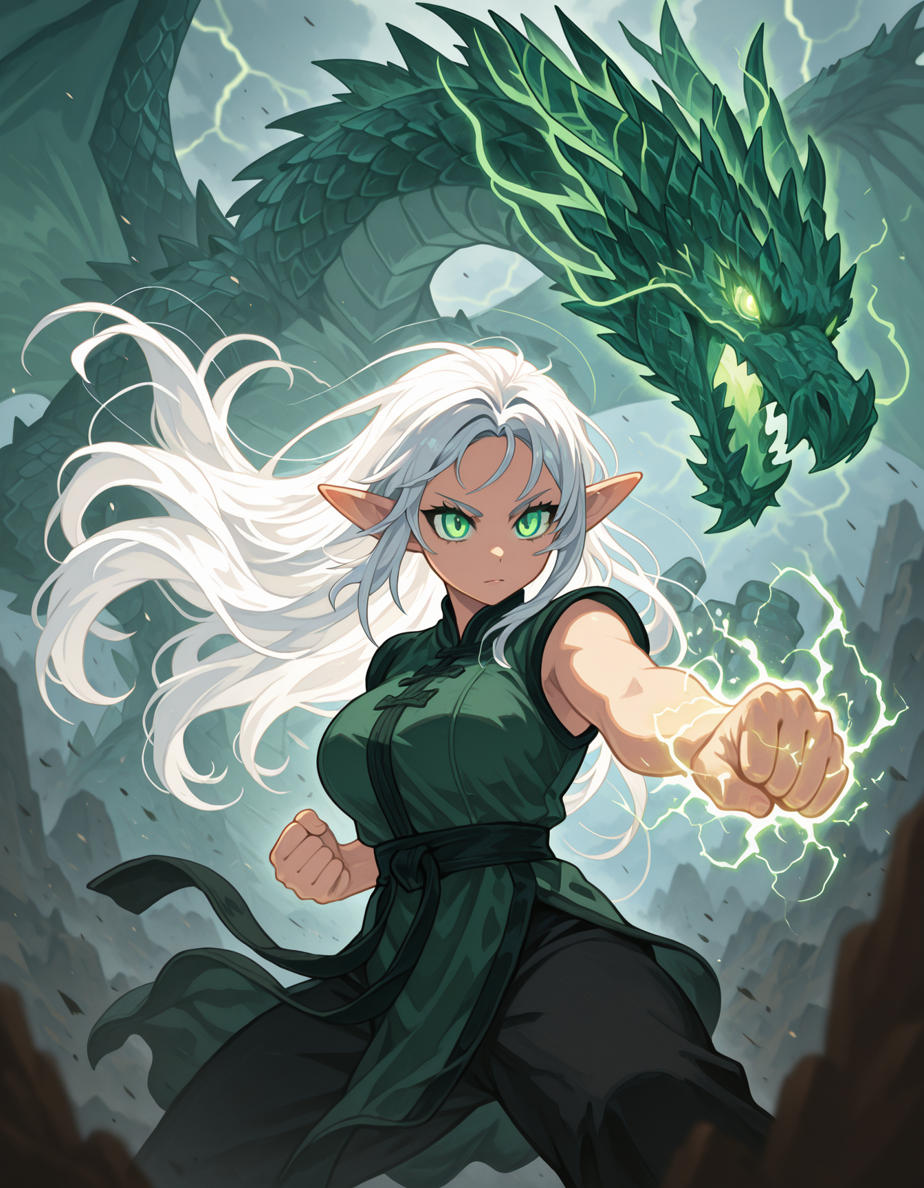 Flatline, Flat vector illustration,,masterpiece, best quality, good quality, very aesthetic, absurdres, newest, 8K, depth of field, focused subject, dynamic  close up angle, close up, beautiful elf princess, beautiful face, glowing eyes, wearing a beautiful dress with details, big breasts, beuatiful female face features, dynamic close up pose, green electricity sparks, charing up her fist ready to punch, martial art, green glowing dragon following her movement, dragon twisted around her arm as she punch, giant glowing dragon, holofoil glitter, faint, glowing, white hair flowing in wind,  otherworldly glow, magical forest in background    <lora:ZankuroIXLLight_v2:0.75>   <lora:DragonMartialArtIL:1> dma