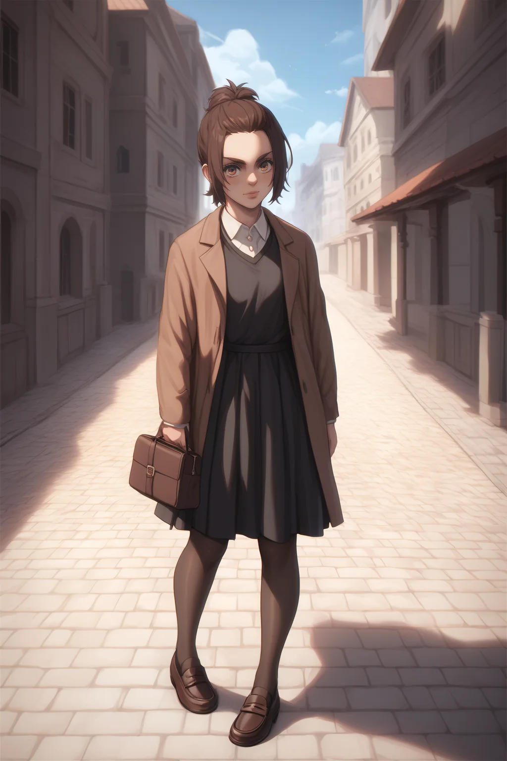 score_9, score_8_up, score_7_up, BREAK source_anime, <lora:gabi braun-PonyXL-lora-Faxtron:0.8> gabi braun, brown eyes, brown hair, single hair bun, black dress, jacket, loafers,