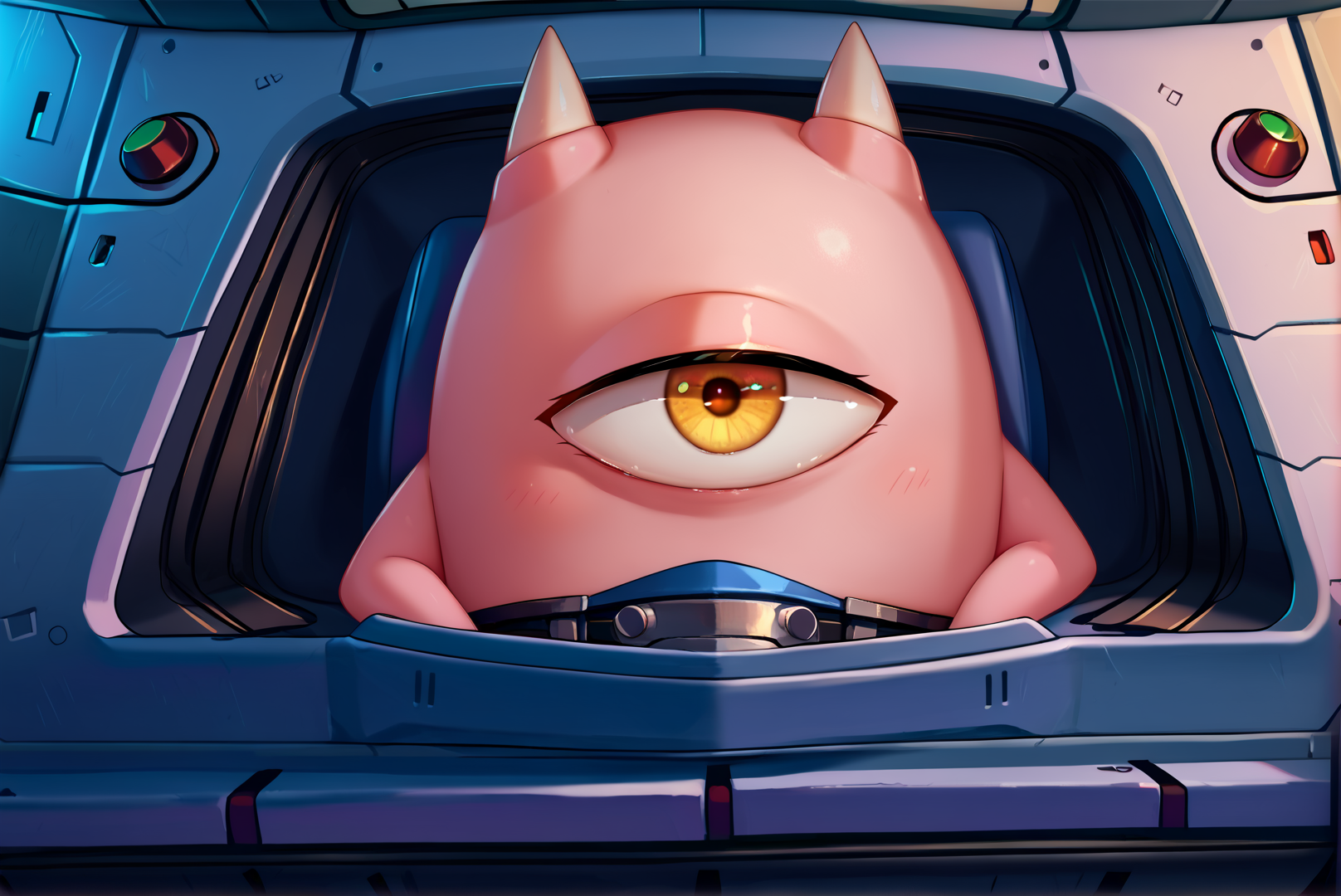 score_9, score_8_up, score_7_up, score_6_up, Detailed Background, BREAK
<lora:Manako_One_Punch_Man:0.8>,  1girl, manako, cyclops, yellow eyes, no humans, pink skin, BREAK
Sci-fi, armor, gloves, boots, high tech, cockpit,
