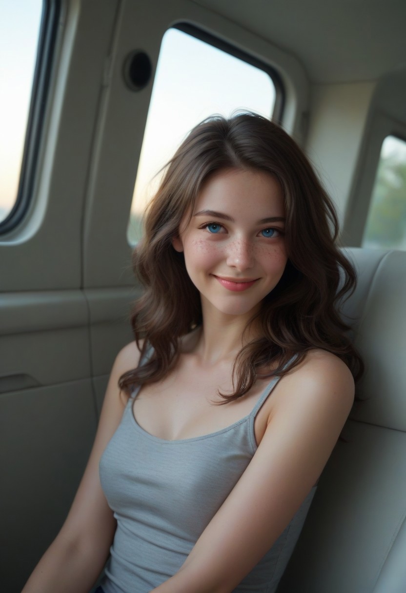 on bus, tour bus, coach bus, girl sitting on seat, beautiful girl, side view, detailed eyes, dramatic lighting, look at viewer, smiling, blue eyes, reddish-brown hair, wavy hair, tousled hair, casual bluse, puffy eyes, freckles, window next to her, passenger point of view, perky breasts, small cleavage, shy-inviting look, love atmosphere, tight gray top, fake plug, focus on face, 1 girl, casual streetwear, facev2
