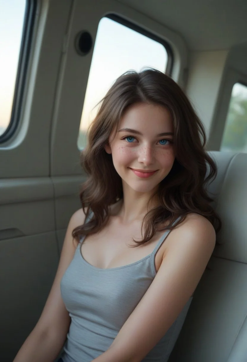 on bus, tour bus, coach bus, girl sitting on seat, beautiful girl, side view, detailed eyes, dramatic lighting, look at viewer, smiling, blue eyes, reddish-brown hair, wavy hair, tousled hair, casual bluse, puffy eyes, freckles, window next to her, passenger point of view, perky breasts, small cleavage, shy-inviting look, love atmosphere, tight gray top, fake plug, focus on face, 1 girl, casual streetwear, facev2